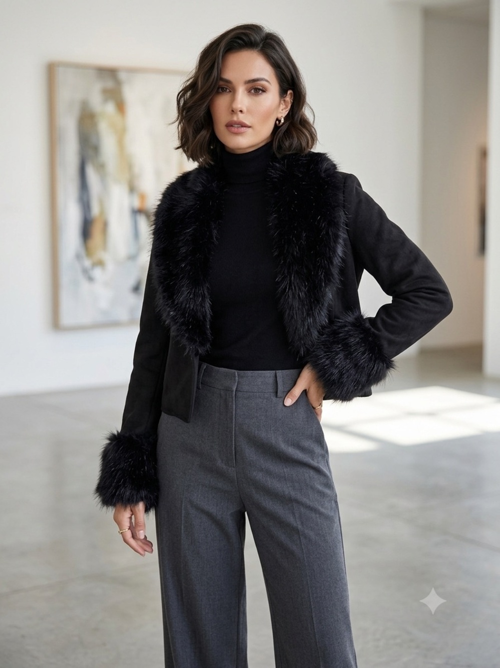 Shack Black Faux Suede Crop Open Front Jacket Faux Fur Collar & Cuffs XL